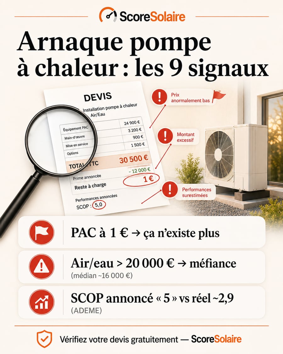 Arnaque pompe à chaleur : les 9 signaux à repérer sur un devis PAC — PAC à 1 euro qui n’existe plus, prix air/eau au-delà de 20 000 euros contre médian 16 000, SCOP annoncé 5 contre réel 2,9 ADEME