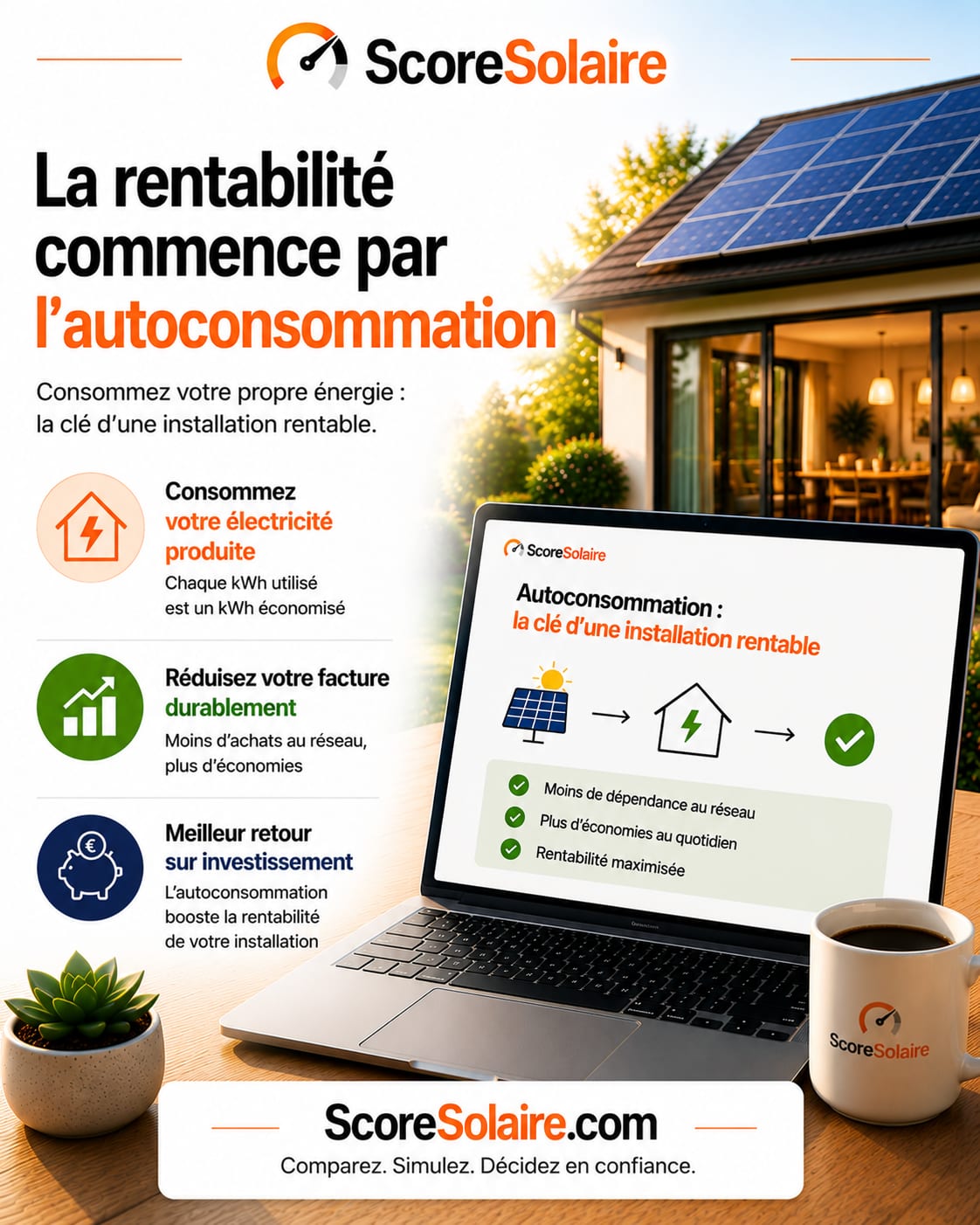 En 2026 la rentabilité d'une installation solaire repose sur l'autoconsommation : chaque kWh consommé sur place est un kWh économisé