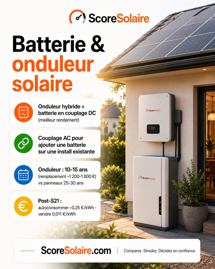 Onduleur solaire et batterie : couplage DC via onduleur hybride ou couplage AC, durée de vie onduleur 10 à 15 ans contre 25 à 30 ans pour les panneaux