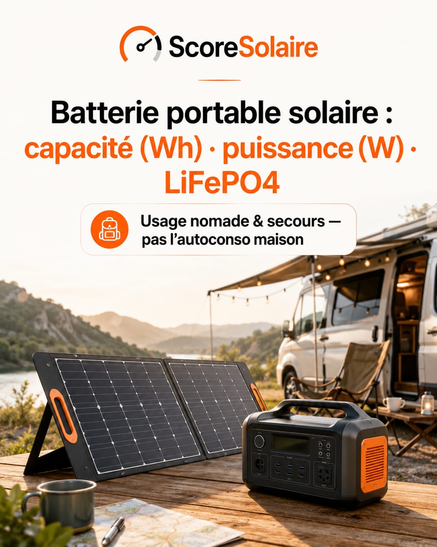 Batterie portable solaire ou station électrique portable rechargée par un panneau solaire pliable : capacité en Wh, puissance en W, chimie LiFePO4, pour le camping et le secours, pas pour l’autoconsommation domestique
