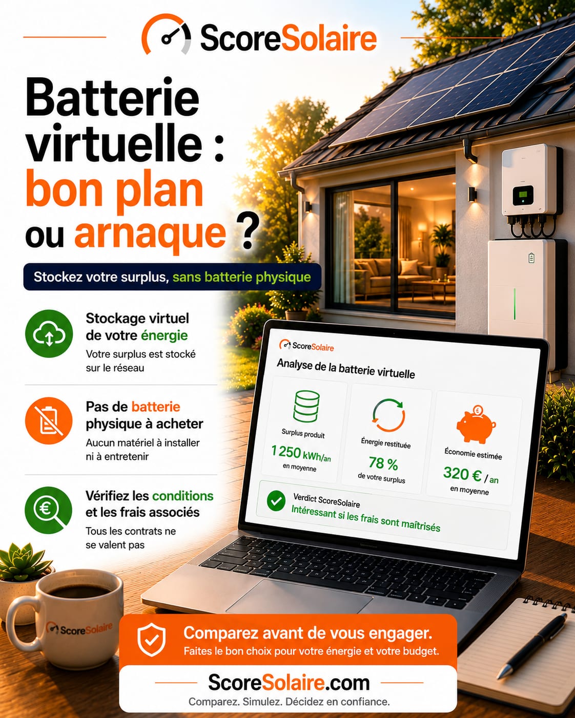 Batterie virtuelle solaire : stocker virtuellement son surplus sans batterie physique, énergie restituée et frais à vérifier avant de souscrire