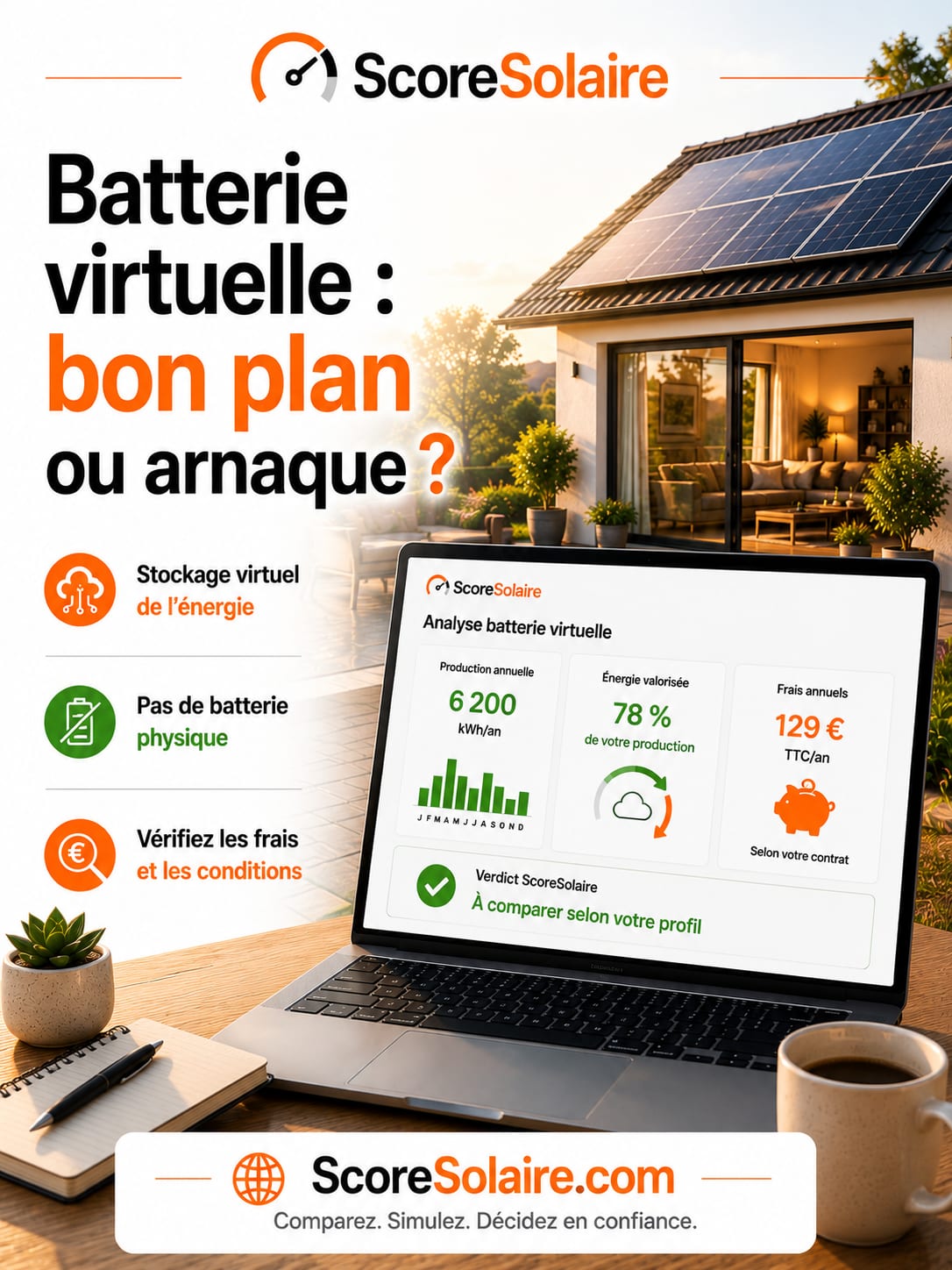 Fonctionnement d’une batterie virtuelle solaire : production, énergie valorisée, frais annuels et rentabilité selon le profil du foyer