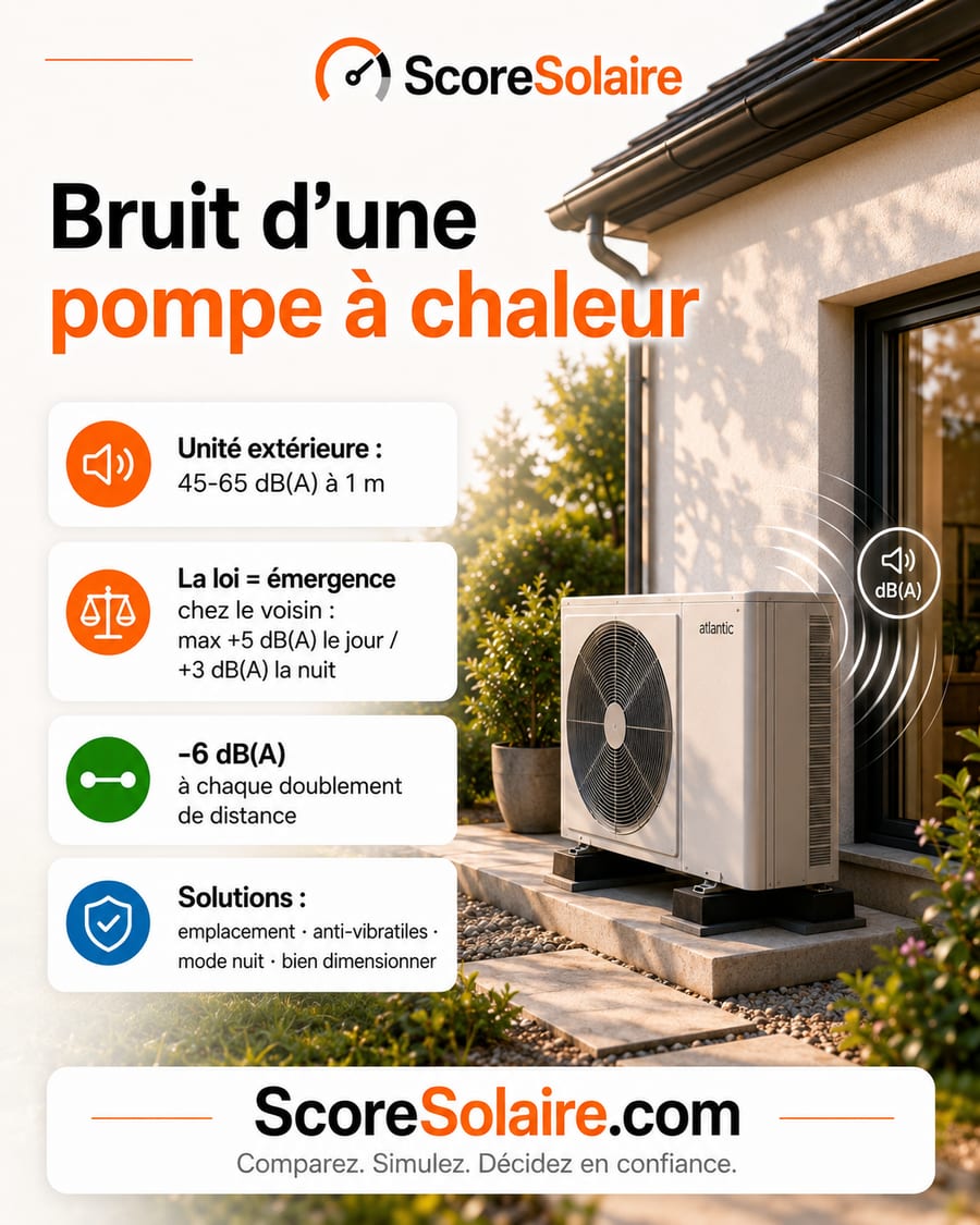 Bruit d'une pompe à chaleur : niveaux en décibels par type d'unité extérieure et règle légale d'émergence sonore 5 dB le jour, 3 dB la nuit