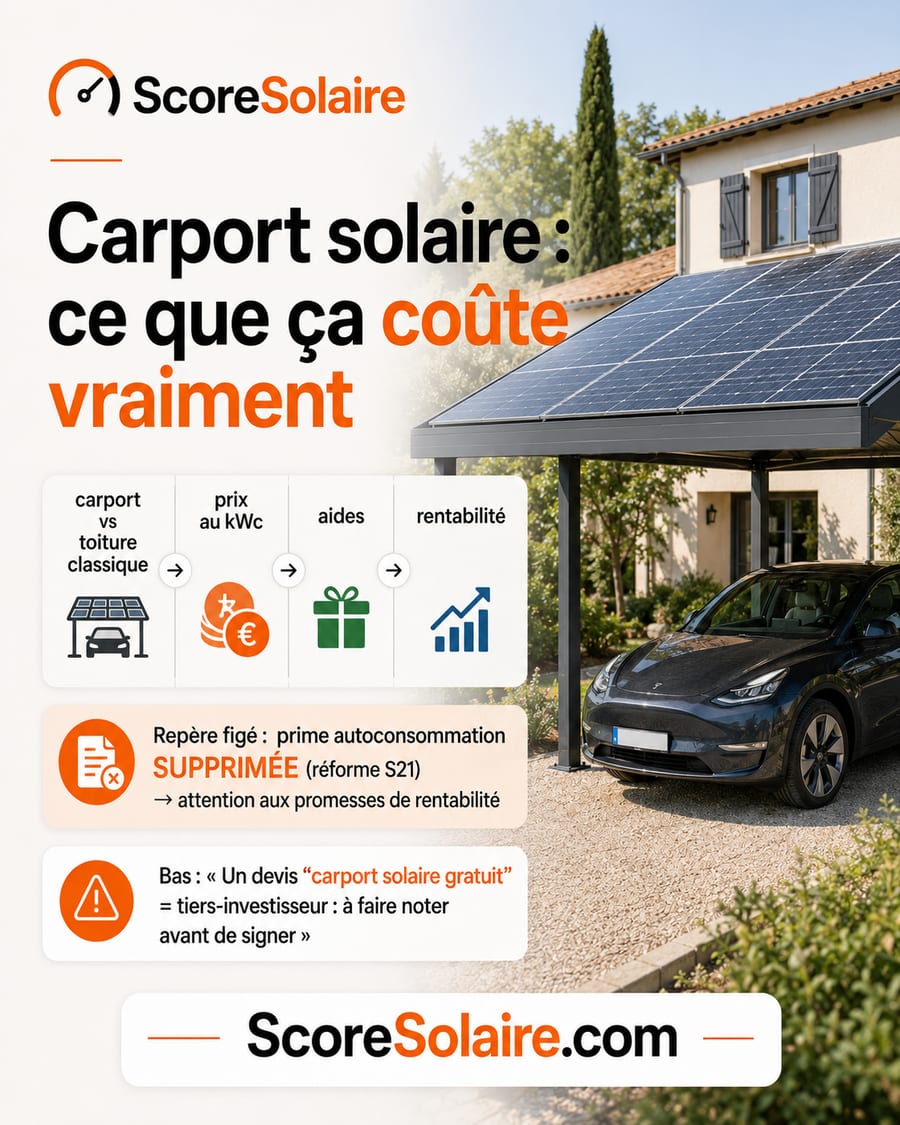 Carport solaire : prix au kWc plus élevé qu’une toiture, aides mobilisables et piège du carport gratuit tiers-investisseur en 2026