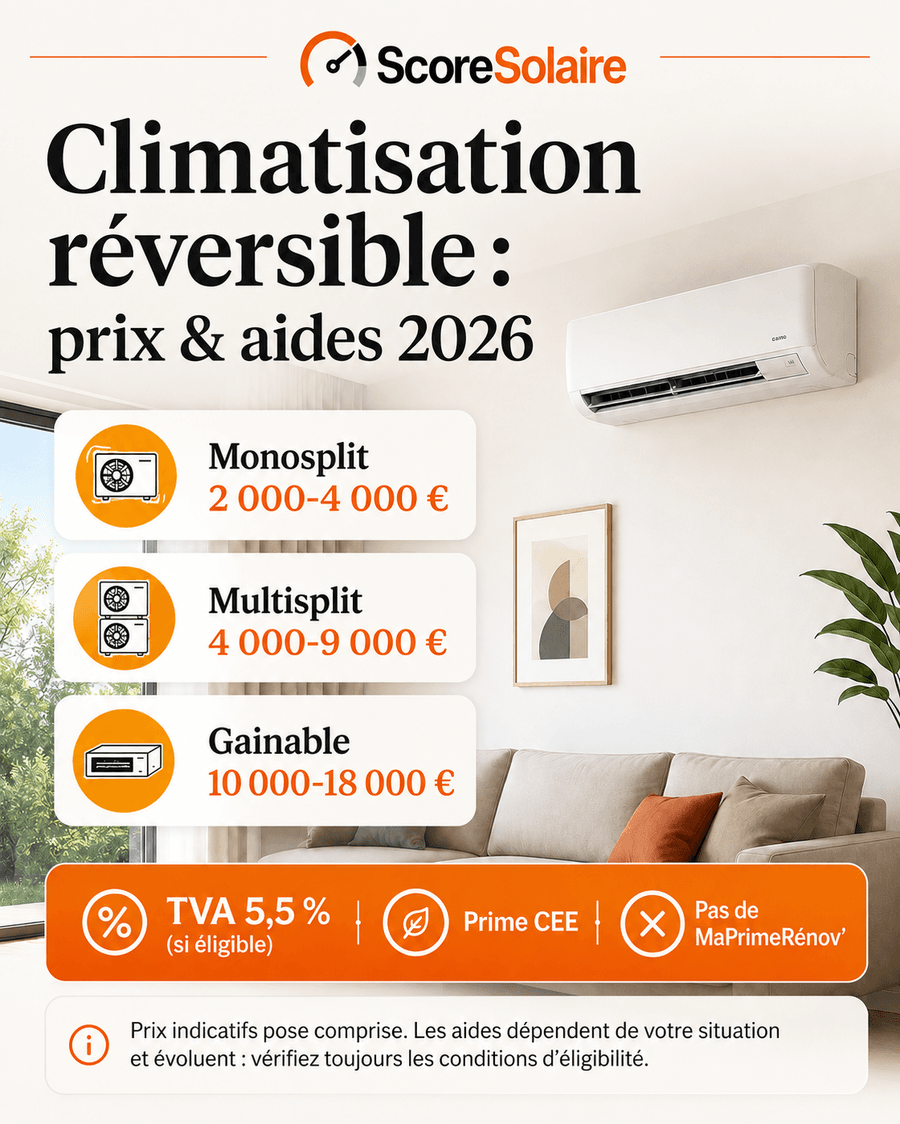 Climatisation réversible 2026 : prix monosplit, multisplit, gainable et TVA 5,5 %