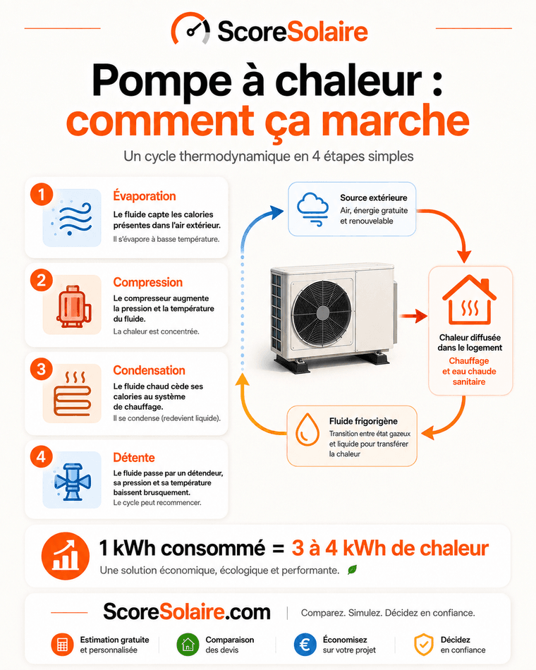 Le cycle d'une pompe à chaleur en 4 temps : évaporation, compression, condensation, détente