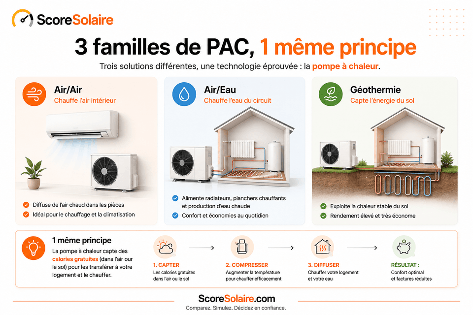 Les 3 familles de pompes à chaleur : air-air, air-eau et géothermie, pour un même principe