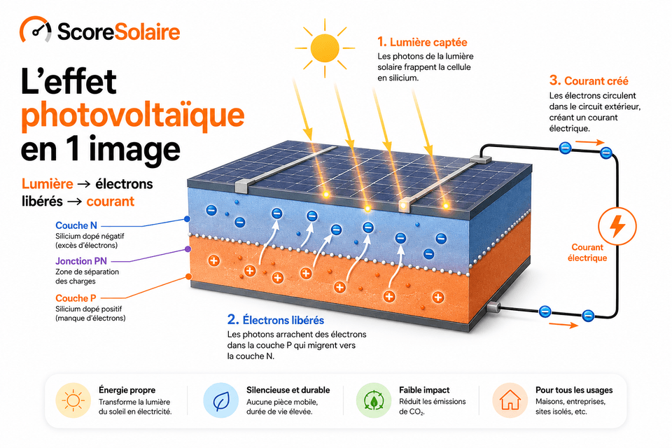 L'effet photovoltaïque : les photons de la lumière libèrent les électrons du silicium et créent un courant