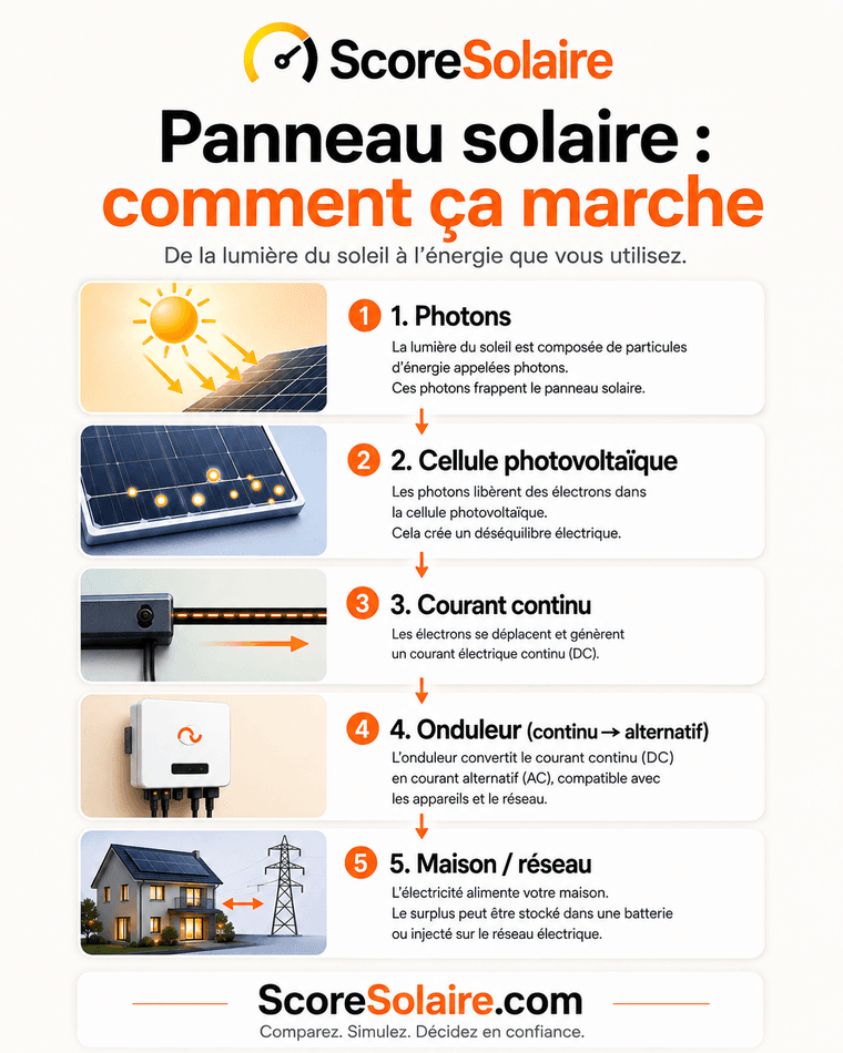 Les 5 étapes du trajet de l'énergie solaire : panneau, onduleur, tableau, compteur Linky, réseau
