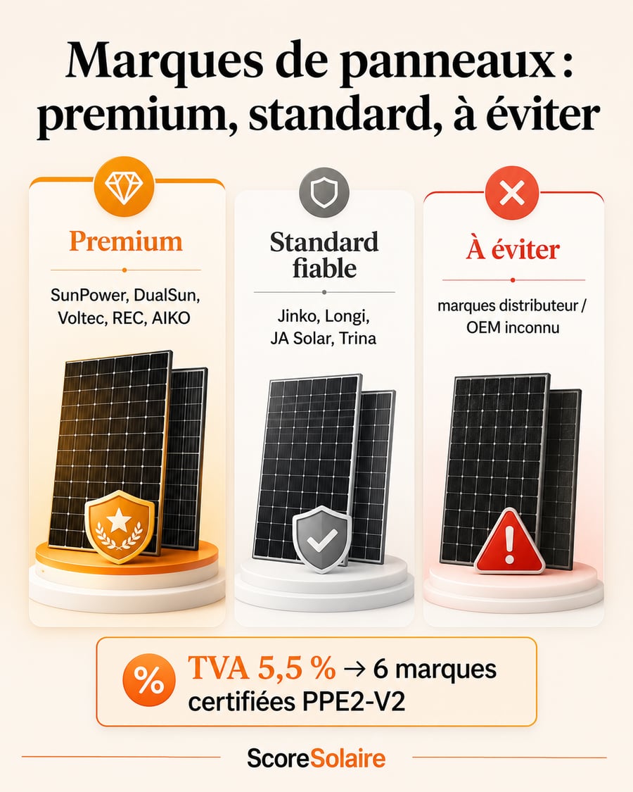 Comparatif des marques de panneaux solaires 2026 : premium (SunPower, DualSun, Voltec, REC, AIKO), standard fiable (Jinko, Longi, JA Solar, Trina) et marques distributeur à éviter, plus les 6 marques certifiées PPE2-V2 pour la TVA 5,5 pour cent