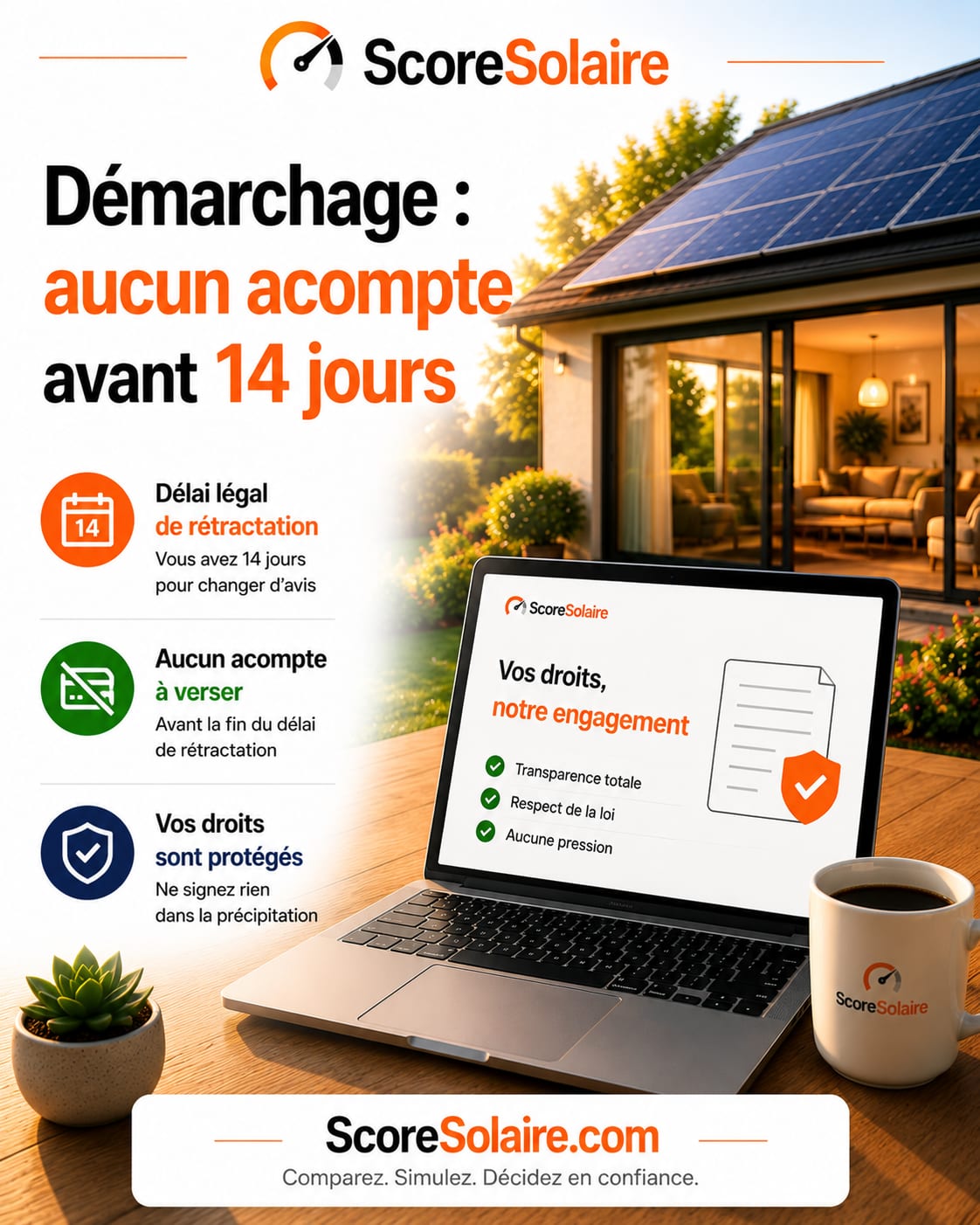 Démarchage à domicile pour des panneaux solaires : délai de rétractation de 14 jours et aucun acompte exigible avant sa fin