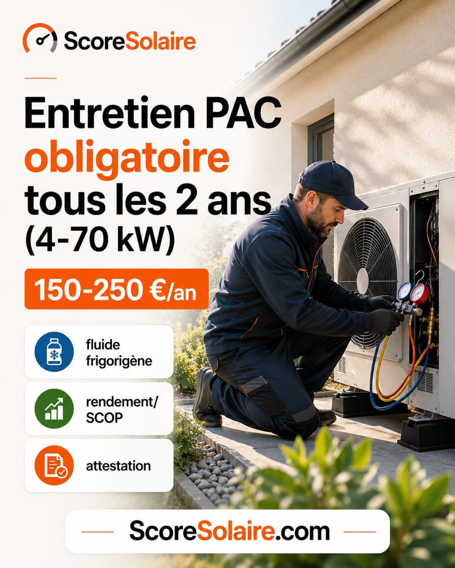 Entretien d’une pompe à chaleur obligatoire tous les 2 ans pour 4 à 70 kW selon le décret 2020-912, contrôle du fluide frigorigène et du rendement, coût 150 à 250 euros par an