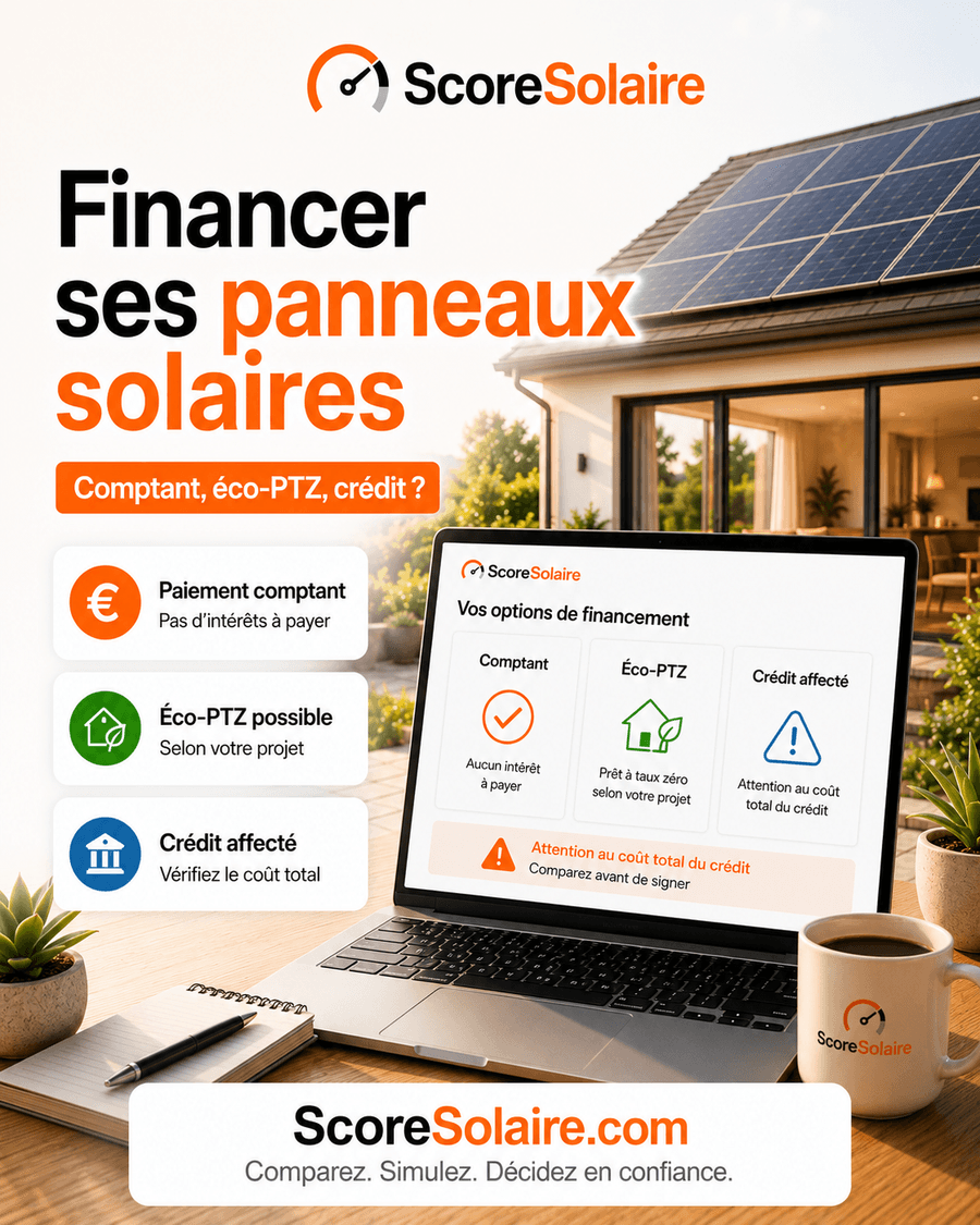 Financer ses panneaux solaires en 2026 : comptant, éco-PTZ, crédit — et le piège du crédit affecté