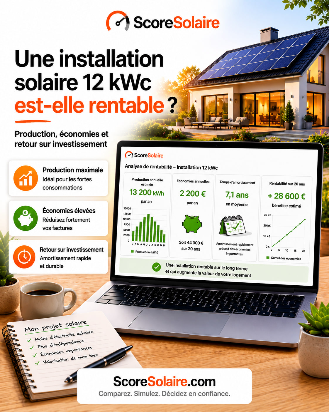 Installation solaire de 12 kWc adaptée ou surdimensionnée selon la consommation réelle du foyer