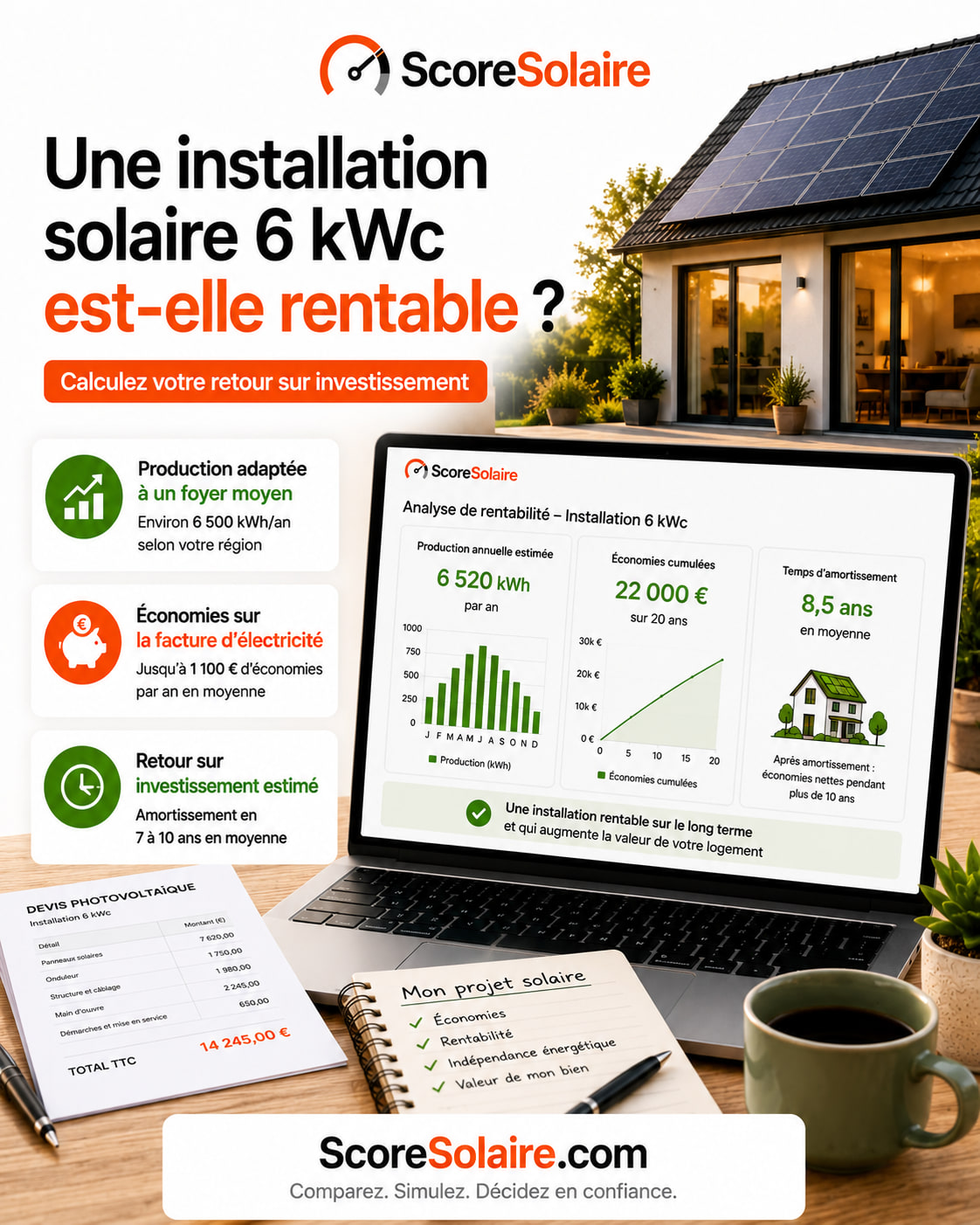 Une installation solaire de 6 kWc est-elle rentable en France : production annuelle, économies sur la facture, temps d’amortissement et retour sur investissement