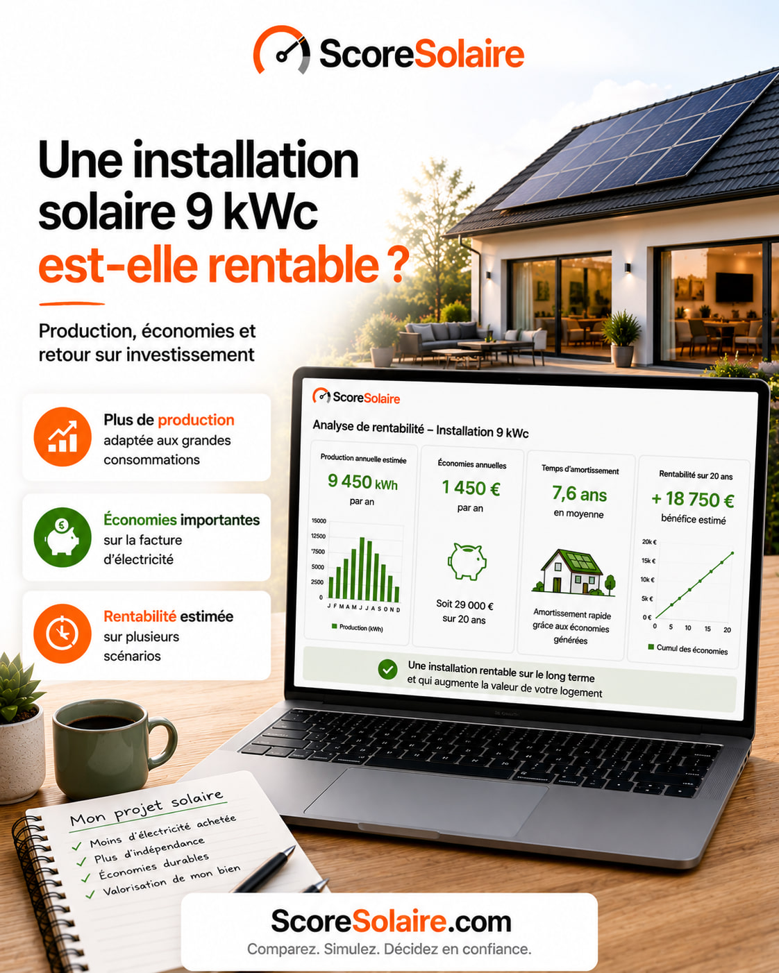 Rentabilité d’une installation solaire de 9 kWc selon la consommation et le taux d’autoconsommation