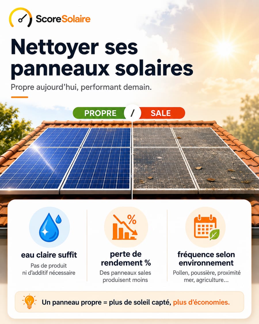 Nettoyer ses panneaux solaires : la pluie suffit dans la majorité des cas, gain de rendement faible, eau claire sans karcher, contrats d’entretien souvent survendus