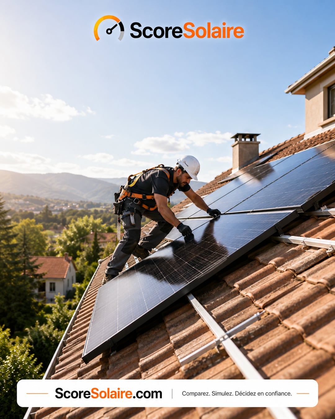 Installateur RGE ScoreSolaire posant des panneaux solaires photovoltaïques sur le toit en tuiles d'une maison individuelle en France par temps ensoleillé