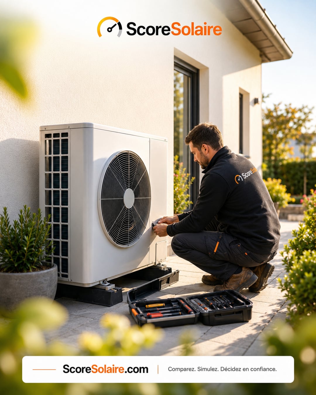 Installateur RGE QualiPAC ScoreSolaire intervenant sur l'unité extérieure d'une pompe à chaleur air/eau le long d'une maison individuelle en France par temps ensoleillé