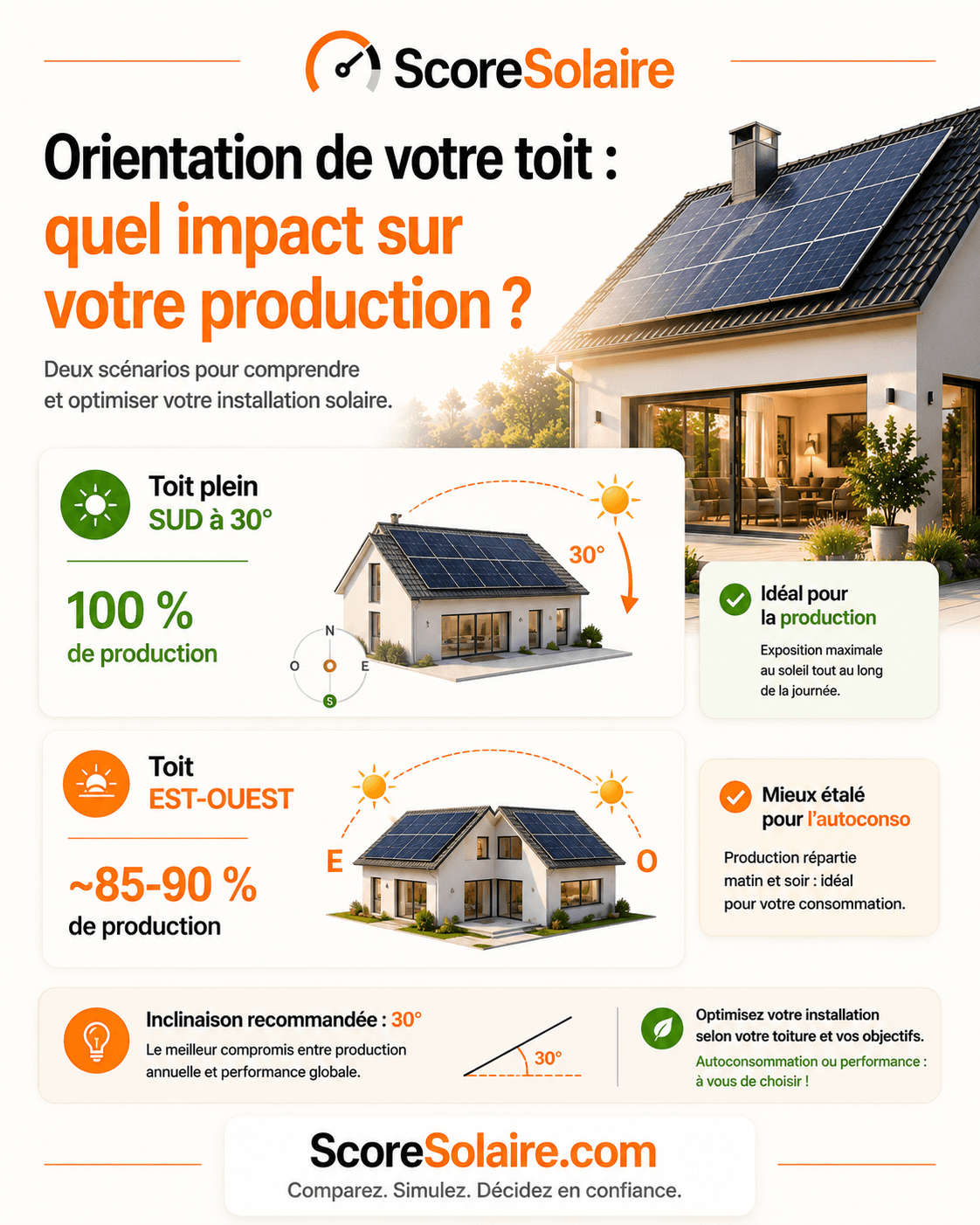 Impact de l'orientation (plein sud vs est-ouest) et de l'inclinaison des panneaux solaires sur la production d'électricité, données PVGIS 2026