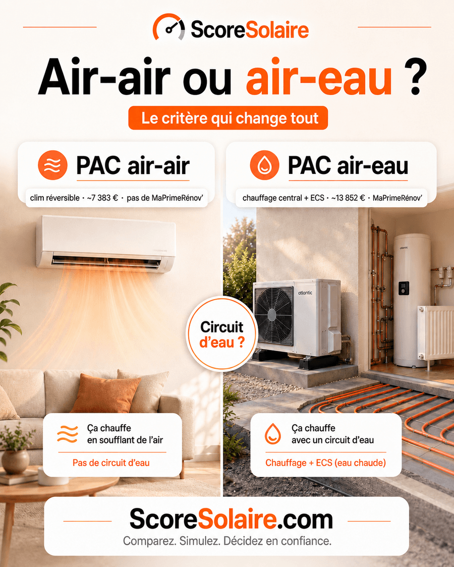 Comparaison pompe à chaleur air-air vs air-eau en 2026 : prix, aides, eau chaude et climatisation
