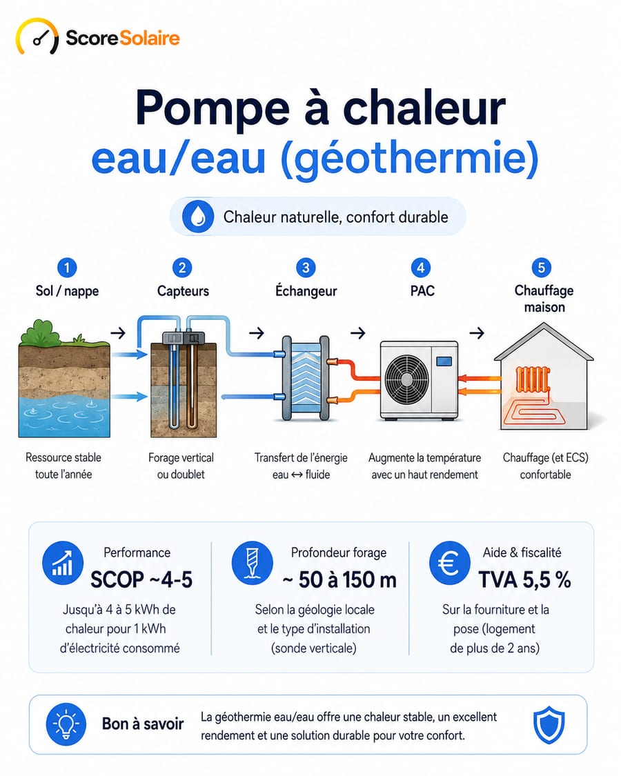 Pompe à chaleur eau/eau géothermie : principe de captage sol et nappe, capteurs horizontaux ou forage vertical, SCOP 4 à 5, prix et rentabilité 2026