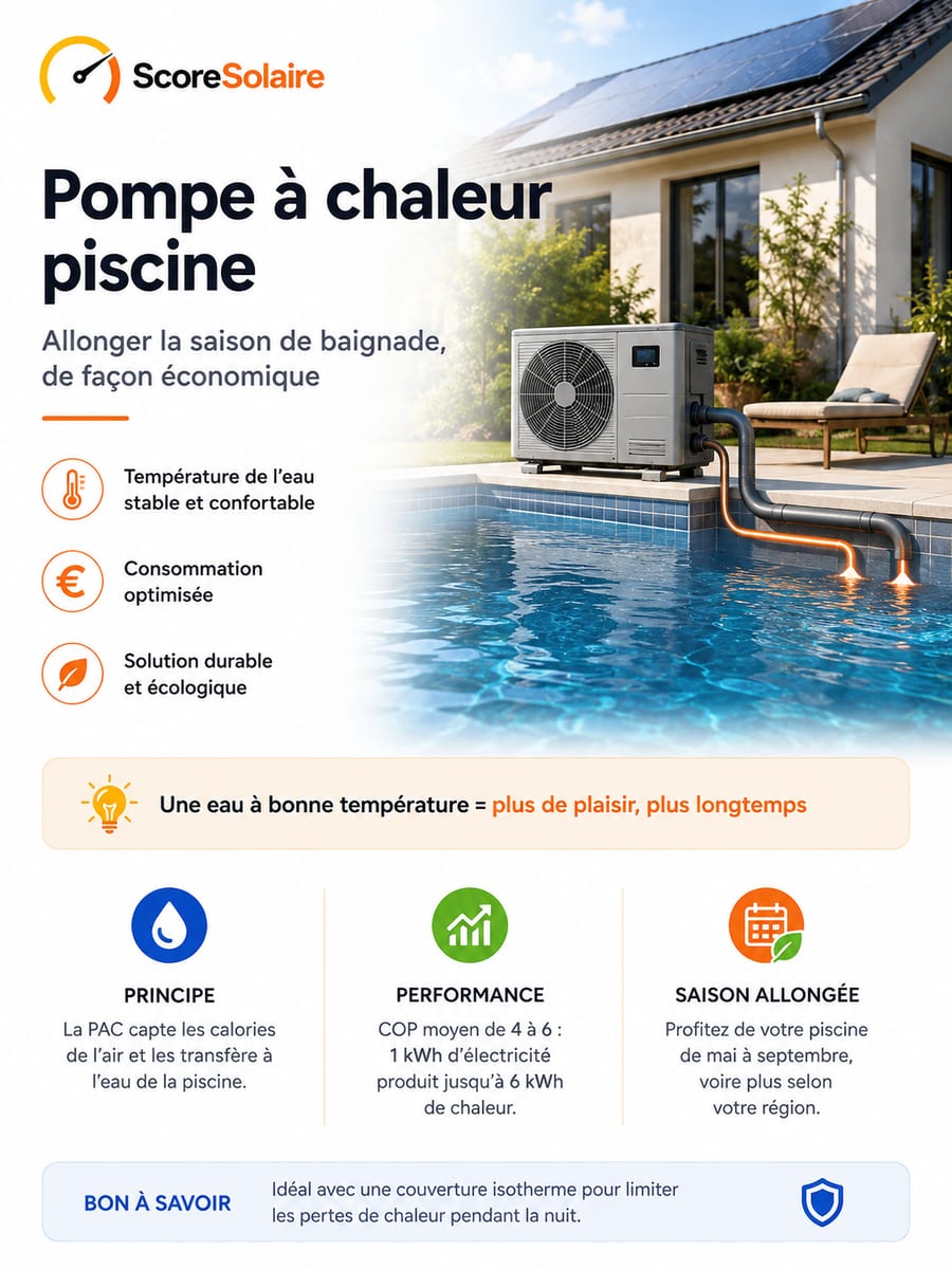 Pompe à chaleur de piscine installée au bord du bassin, raccordée au circuit de filtration