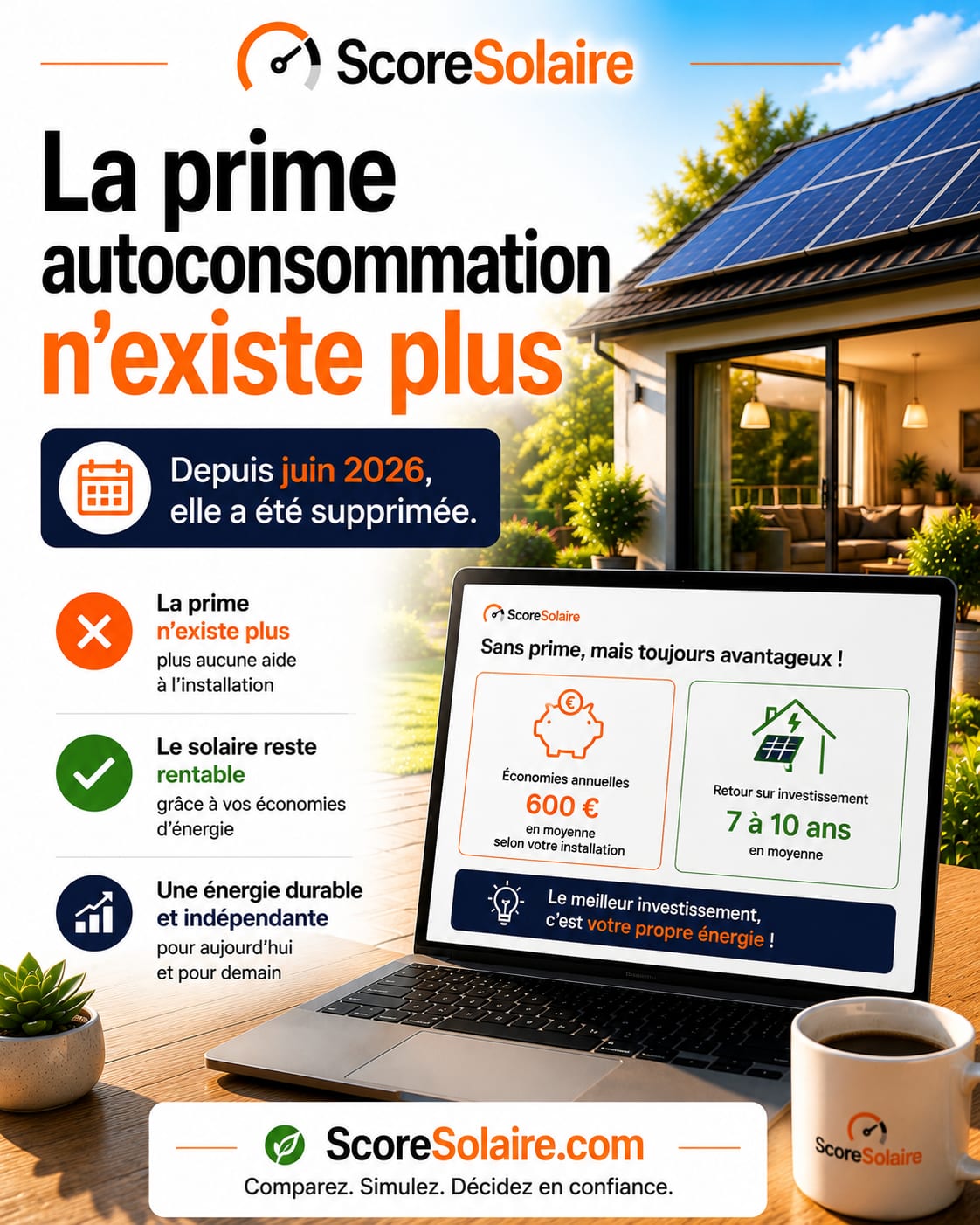 Suppression de la prime à l'autoconsommation solaire en 2026 par la réforme S21, mais une installation solaire reste rentable