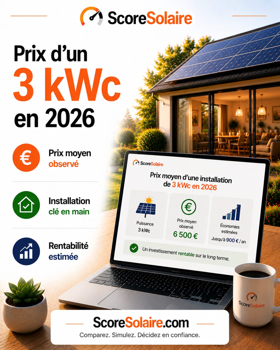Prix moyen d'une installation solaire de 3 kWc en 2026, clé en main, et économies annuelles estimées