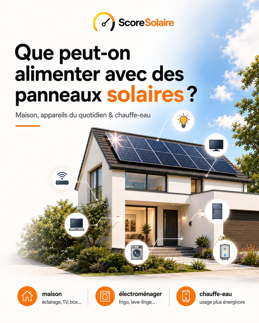 Maison avec panneaux solaires alimentant l’éclairage, la box, le réfrigérateur, le lave-linge et le ballon d’eau chaude en journée
