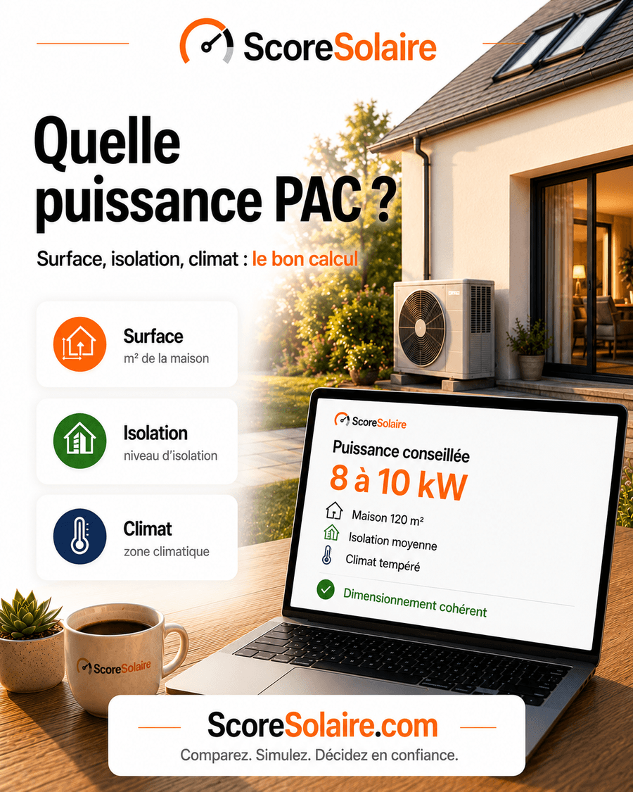 Puissance de pompe à chaleur recommandée selon la surface et l'isolation de la maison (kW), dimensionnement 2026