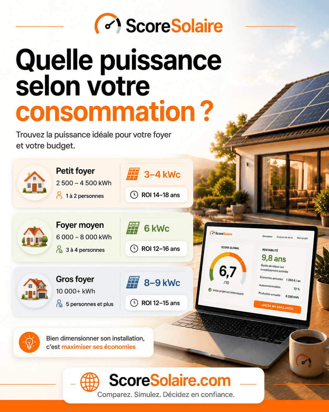 Puissance solaire recommandée et rentabilité selon le profil de consommation : petit foyer 3-4 kWc, foyer moyen 6 kWc, gros consommateur 8-9 kWc, retour sur investissement 12 à 18 ans en 2026