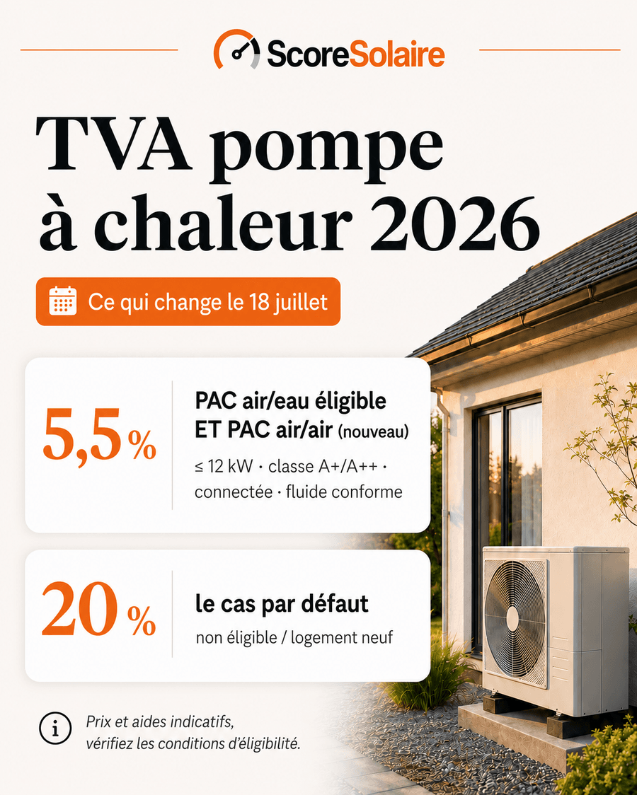 Taux de TVA pompe à chaleur 2026 : 5,5 % pour l'air/air et l'air/eau éligibles, 20 % sinon